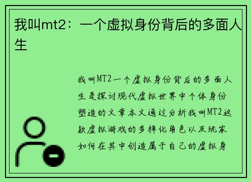 我叫mt2：一个虚拟身份背后的多面人生