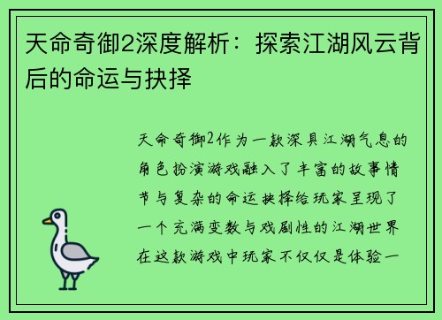 天命奇御2深度解析：探索江湖风云背后的命运与抉择
